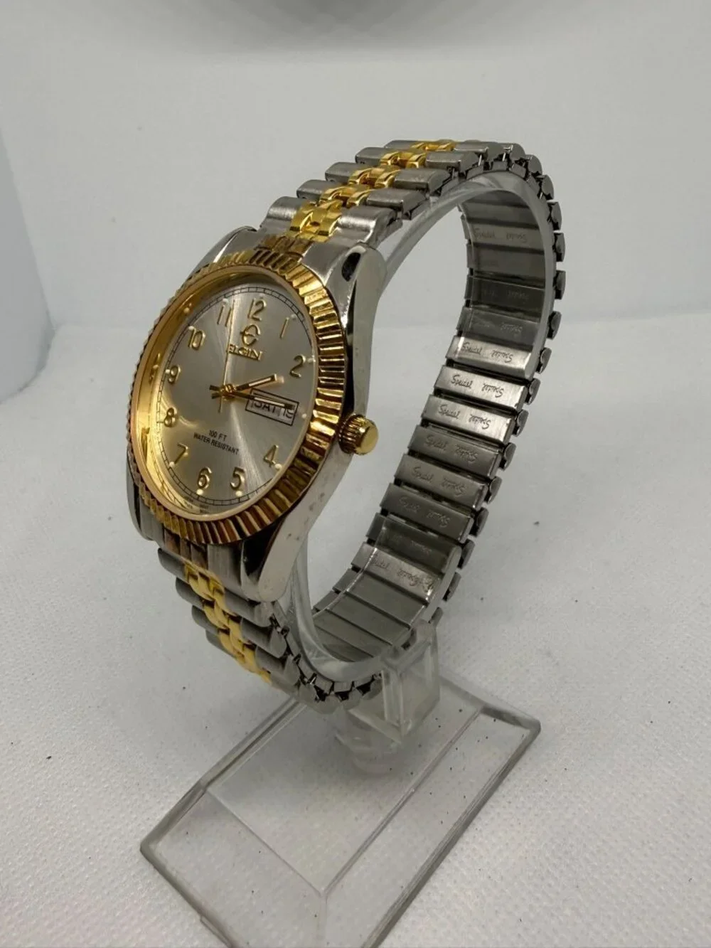 Elgin Men's President-Style Day-Date Watch Two-Tone Fluted Bezel Silver Dial